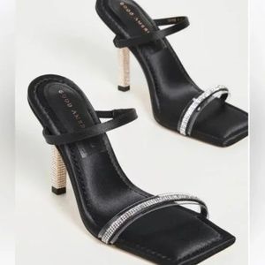Good American Black Satin Open Square Toe Rhinestone Strappy Heels